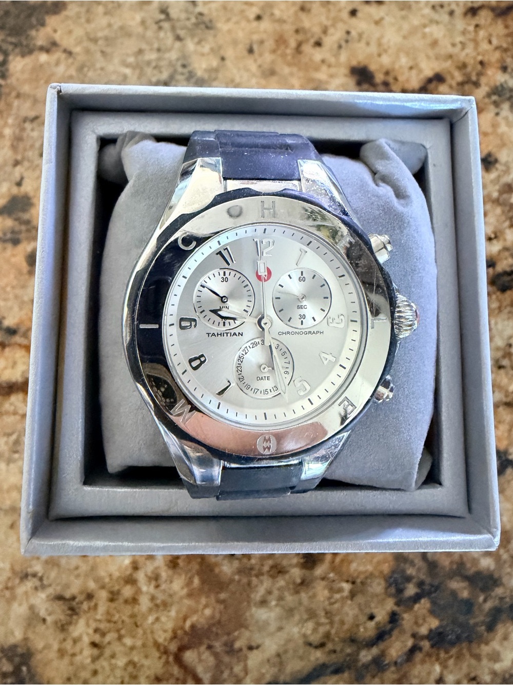 Michele Silver and Black Jellybean Tahitian Chronograph Watch Black/Silver.